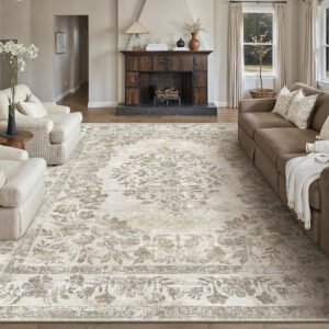 6x9 Area Rug Beige Washable Vintage Distressed Living Room Carpet Large Bedroom Indoor Medallion Floral Non Slip Retro Throw Floor Mat