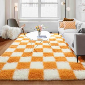 Soft Fluffy 5x8 Orange and Cream White Rugs Living Room Carpets, Large Fuzzy Checkered Shag Area Rug Big Carpet for Bedroom